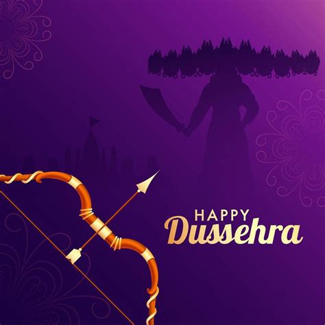 Happy Dussehra Poster Design with Archery Or Bow and Silhouette Demon Ravana Holding Sword on ...