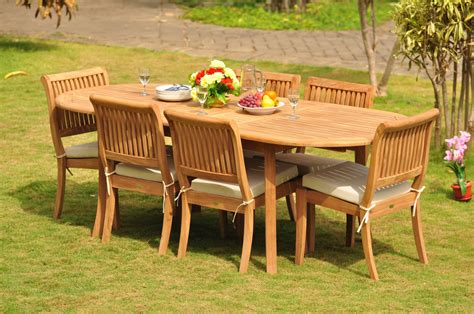 Teak Dining Set: 6 Seater 7 Pc: 94" Oval Table & 6 Stacking Arbor Armless Chairs Outdoor Patio ...
