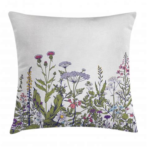 Spring Throw Pillow Cushion Cover, Colorful Thriving Garden with Herbs and Flowers Pattern ...