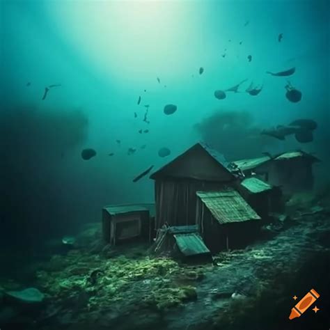 Huts on hillside underwater on Craiyon