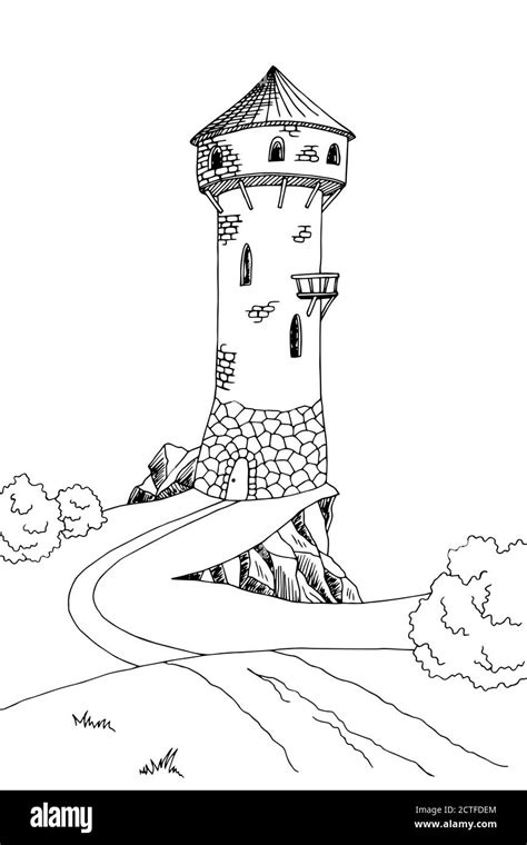 Old tower graphic art black white landscape sketch illustration vector Stock Vector Image & Art ...