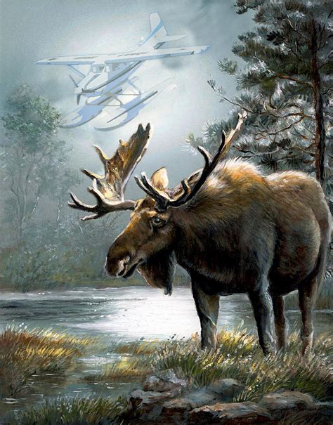 Alaska moose with floatplane Painting by Regina Femrite