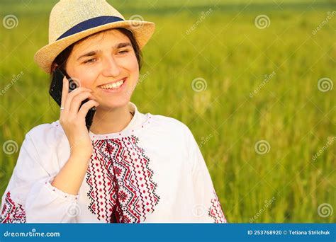 Defocus Young Ukrainian Woman Portrait. Meadow Nature Background. Smiling Ukrainian Girl Talking ...