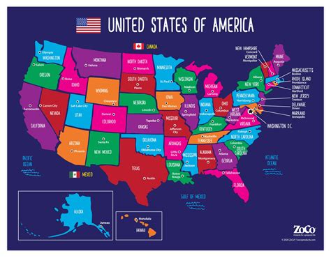 Map of USA States and Capitals - Colorful US Map with Capitals - American Map Poster - USA Map ...