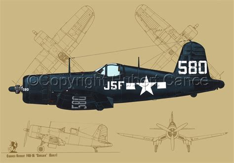 "Chance-Vought F4U-1A Corsair #2 (Blueprint #3)" (Original art by Hubert Cance)