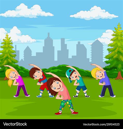 Cartoon little kids exercising in green city park Vector Image