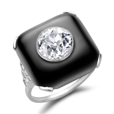 Art Deco Diamond and Onyx Plaque Ring 2.68ct in Platinum - Brilliant Cut Ring, with Black Onyx ...