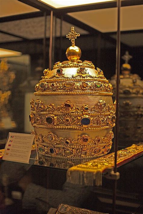 Papal Tiara in silver with gems and pearls in the Treasury of the Basilica of St. Peter at the ...