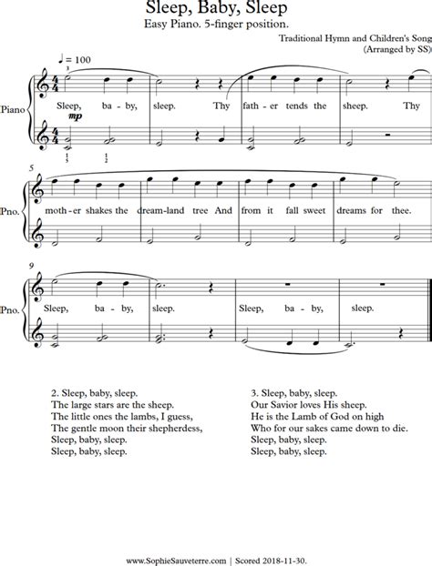 Sleep, Baby, Sleep - Traditional Hymn and Children's Song - Sheet Music Arrangement for Easy ...