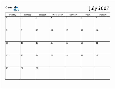 July 2007 Calendars (PDF Word Excel)