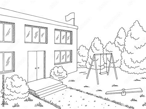 Preschool building exterior graphic black white sketch illustration ...