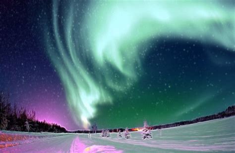 Aurora Borealis, the colored lights seen in the skies around the North Pole, the Northern Lights ...