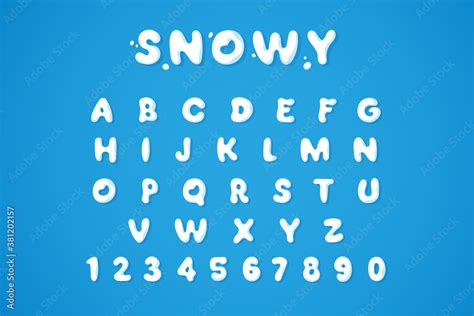 Snowy winter font isolated on blue background. White snow alphabet in bubble style. Ice letters ...