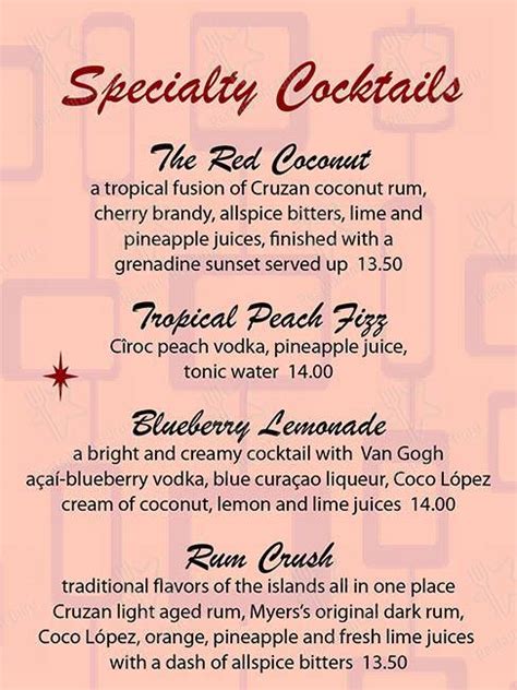 Menu at Red Coconut Club, Orlando, Universal Blvd