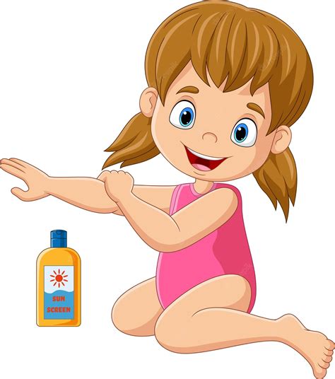 Premium Vector | Cartoon little girl in a swimsuit applying sunscreen lotion on her arm