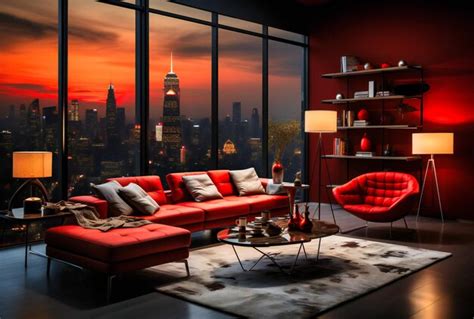 Premium AI Image | a modern living room decorated with red accents