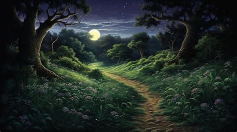 Premium AI Image | A path in the forest with a full moon in the background