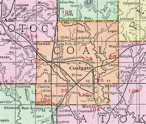 Coal County, Oklahoma 1911 Map, Rand McNally, Coalgate, Lehigh, Centrahoma