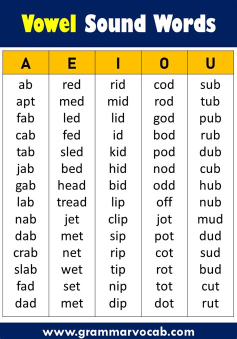 100 Examples of Short Vowel Sound Words - GrammarVocab