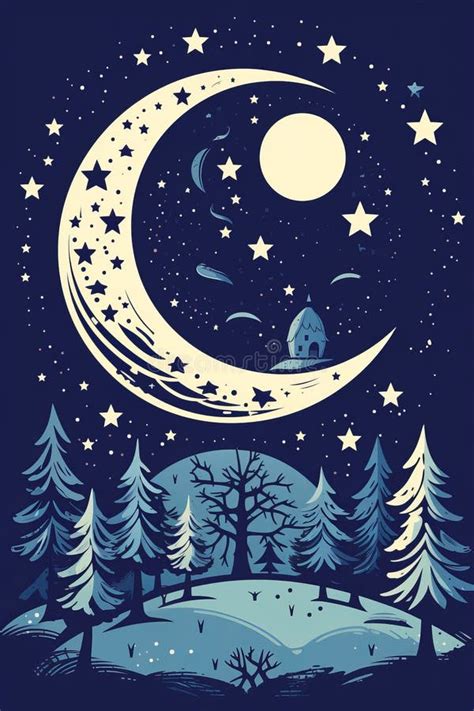 An Illustration of the Night Sky with a Crescent Moon and Stars Stock ...