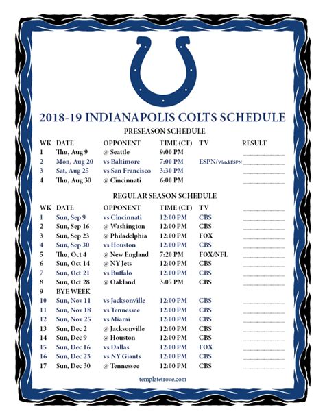 Printable 2018-2019 Indianapolis Colts Schedule