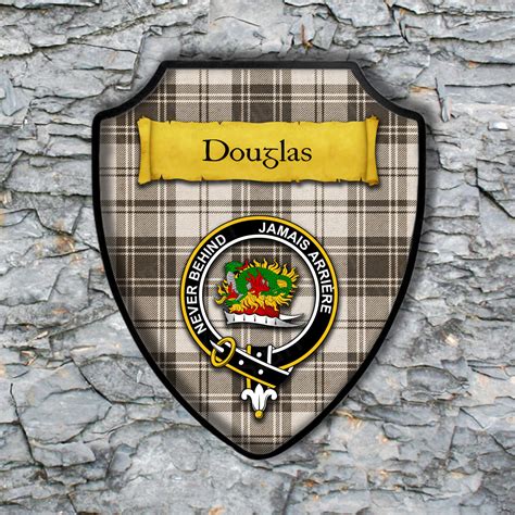 Douglas Shield Plaque with Scottish Clan Coat of Arms Badge on Clan Plaid Tartan Background Wall ...