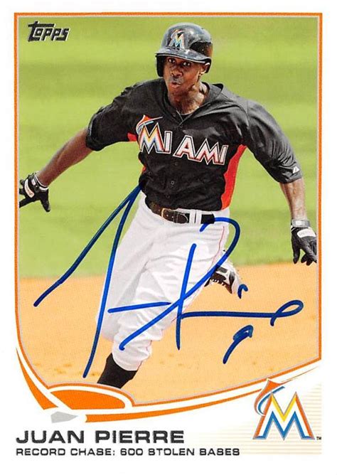 Juan Pierre autographed baseball card (Miami Marlins) 2013 Topps #376 Stolen Base Record Chase