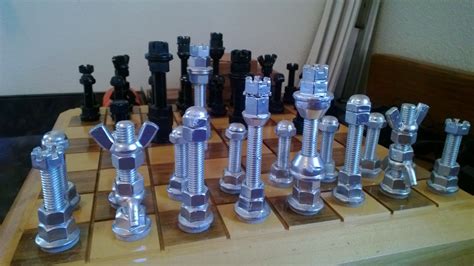 Cool Chess Set pieces that Lee Summers made from nuts & bolts Diy Chess Set, Metal Chess Set ...