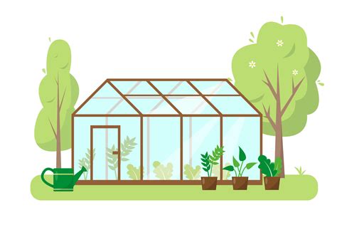 Greenhouse with plants and trees in garden. Spring or summer banner ...