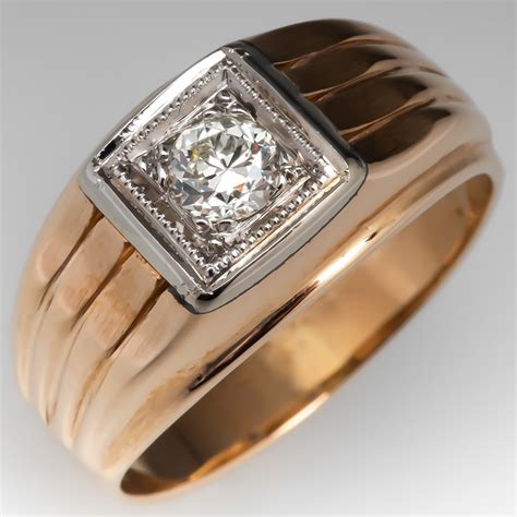 Mens Vintage Old Euro Diamond Ring Detailed 14K Gold