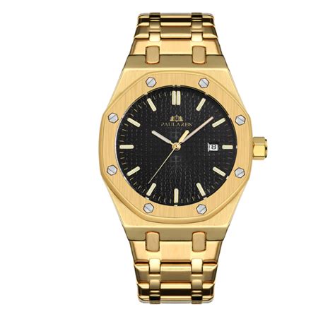 45mm Men's Gold Black Dial Watch Octagonal Luxury Business Shiny Silve ...