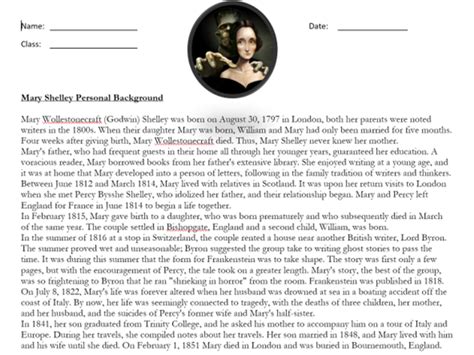 Mary Shelley Biography Comprehension | Teaching Resources