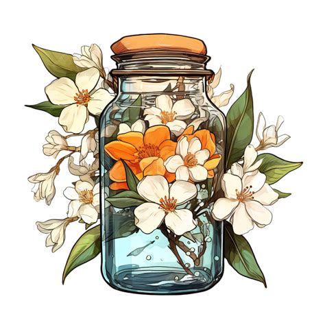 Premium Vector | A drawing of a jar with white flowers and leaves.