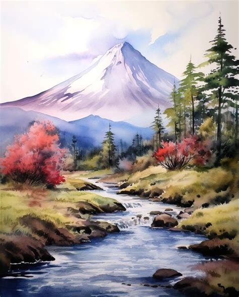 Premium AI Image | Painting of river with mountain landscape