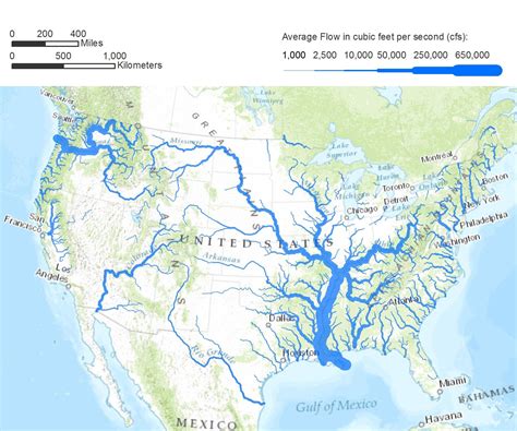 Rivers in the continental United States drawn with linewidth proportional to flow rate. [1800× ...