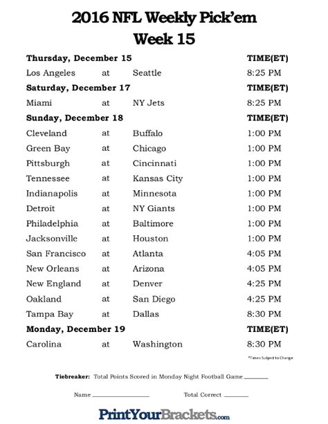 Nfl Week 15 Printable Schedule