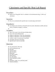 Calorimetry and Specific Heat Lab Report 1 .docx - Calorimetry and ...