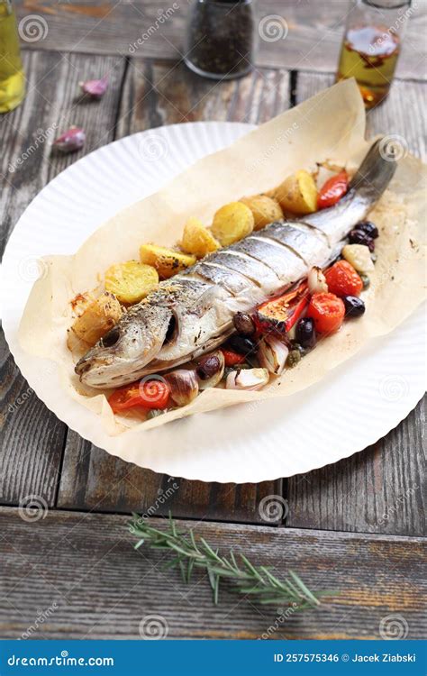 Roasted Sea Bass Served with Vegetables, on a Plate, Top View. Baked ...