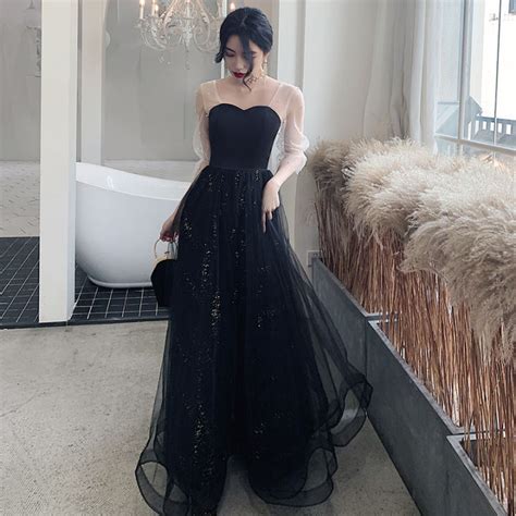 Women Black Dinner Party Evening Dress Long Sleeve Formal Gown for ...