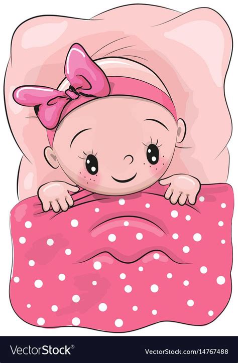 Cute Cartoon Sleeping Baby with a pink bow in a bed. Download a Free ...