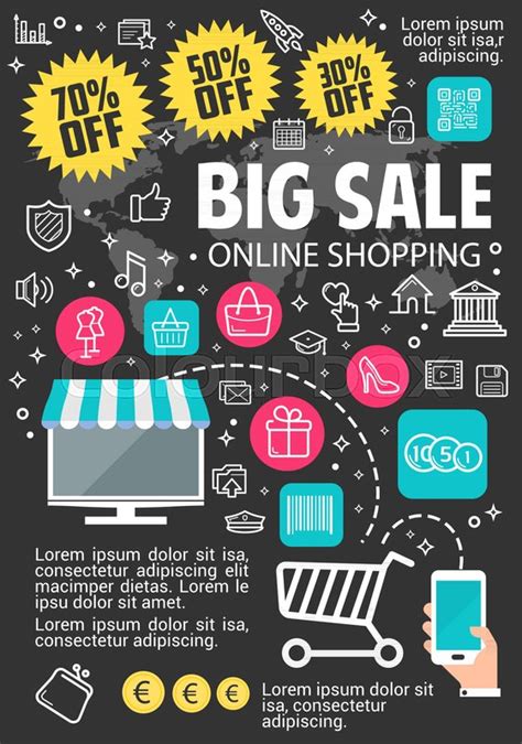 Big sale online shopping poster with retail trade payment and non-cash internet payment. Vector ...