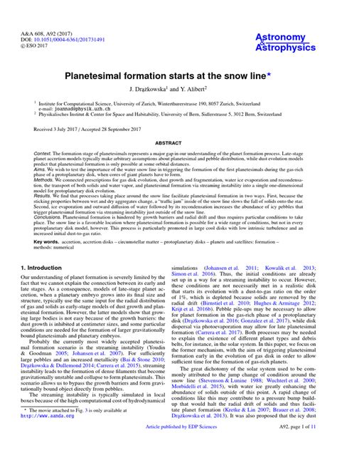 2017 Drazkowska - Planetesimal Formation Starts at The Snow Line | PDF ...