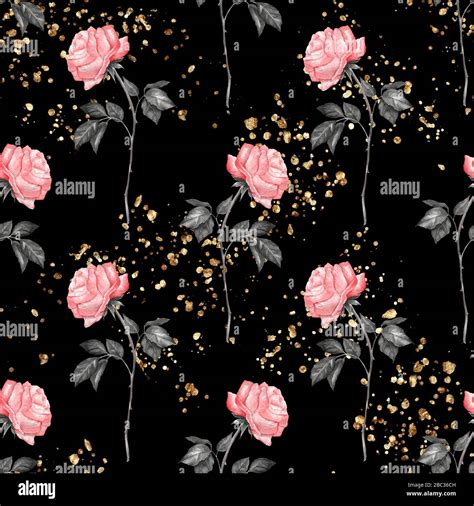 Seamless floral pattern of pink roses on black background Stock Photo - Alamy