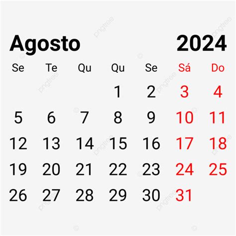 Calendario Portugués Mensual Agosto 2024 Vector PNG ,dibujos Calendario ...