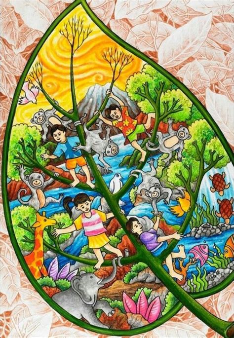 a drawing of people and animals on a leaf with water in the background ...