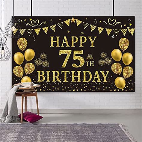 Trgowaul 75th Birthday Backdrop Gold and Black 5.9 X 3.6 Fts Happy Birthday Party Decorations ...