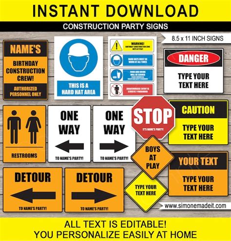 Construction Road Signs Birthday Party Decorations Printable Templates - Caution Stop One Way ...