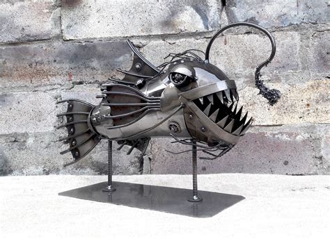 Metal Angler fish sculpture Steampunk fish. Statuette Metal Angler fish. Statuette Metal Art ...