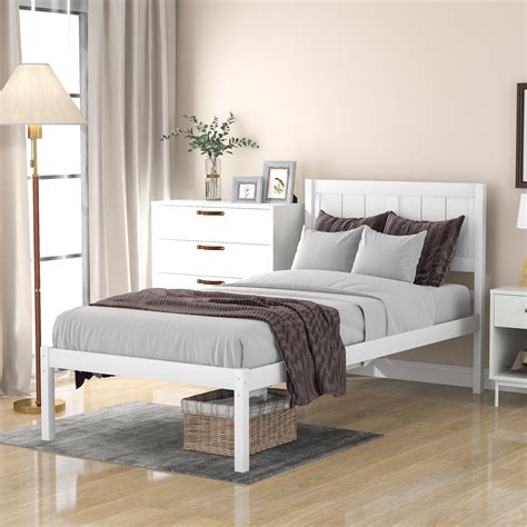 White Single Wood Bed Frame, Twin Size Bed Frame with Headboard, Modern Wood Platform Bed for ...