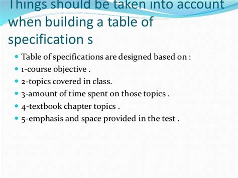 Table of specification